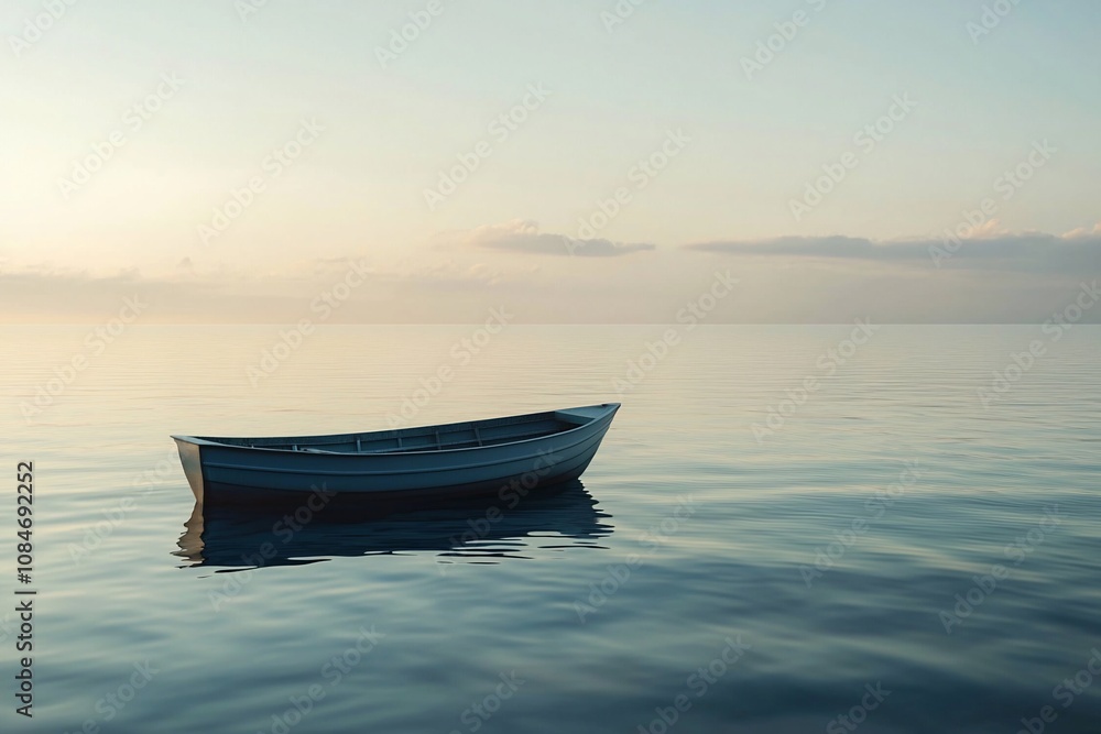 Serenity at Sea: A Boat Floating on Tranquil Waters at Dawn Serenity at Sea: A Boat Floating on Tranquil Waters at Dawn