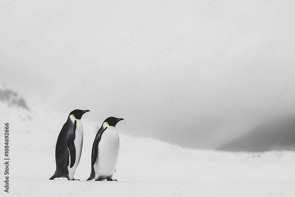 Fototapeta premium Two Penguins Standing Together in a Snowy Landscape