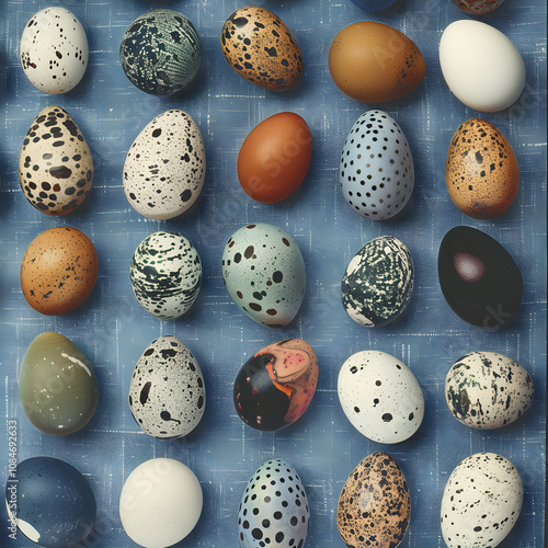 A Study in Oology: Diverse Collection of Bird Eggs on a Denim Background