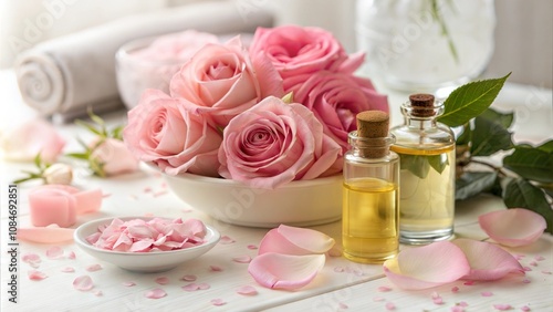 Fresh flowers, rose petals, fragrant skincare essential oils, and skin beauty photo