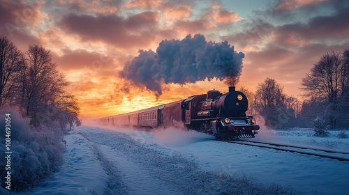 A vintage steam train travels through a snowy landscape at sunset, creating a nostalgic atmosphere.