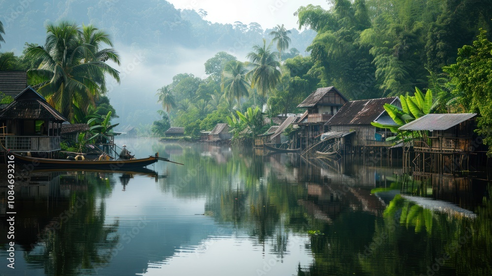 Traditional houses along a tropical river, with thatched roofs and wooden walls, blend seamlessly into the lush surroundings. The serene water and vibrant greenery create a peaceful, rustic atmosphere Traditional houses along a tropical river, with thatched roofs and wooden walls, blend seamlessly into the lush surroundings. The serene water and vibrant greenery create a peaceful, rustic atmosphere