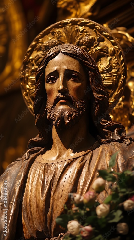 Wooden Statue of Jesus Christ with Golden Halo in Ornate Church Setting Wooden Statue of Jesus Christ with Golden Halo in Ornate Church Setting