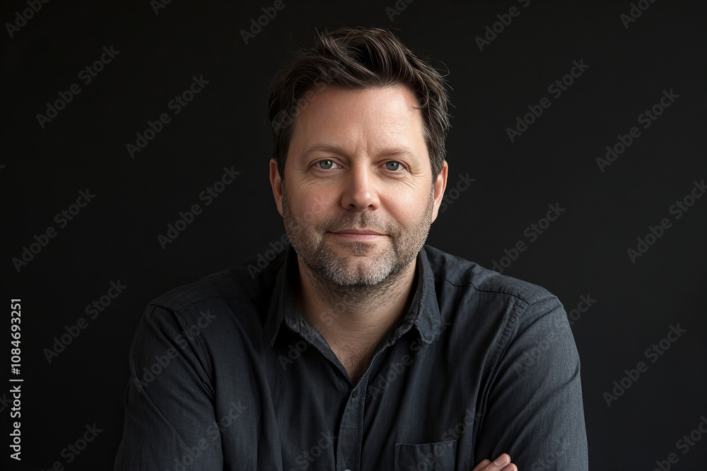 Portrait of a confident man with a warm smile and folded arms, exuding charisma, leadership, and professionalism, ideal for business, lifestyle, and motivational themes. Portrait of a confident man with a warm smile and folded arms, exuding charisma, leadership, and professionalism, ideal for business, lifestyle, and motivational themes.