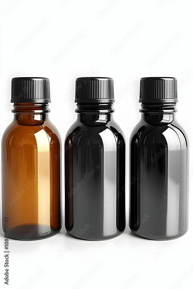 Three Glass Bottles With Black Caps Mockup - Realistic Image Three Glass Bottles With Black Caps Mockup - Realistic Image