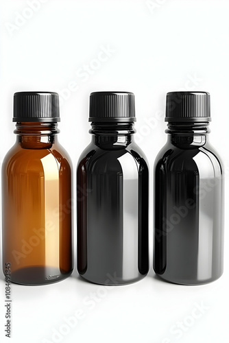 Three Glass Bottles With Black Caps Mockup - Realistic Image