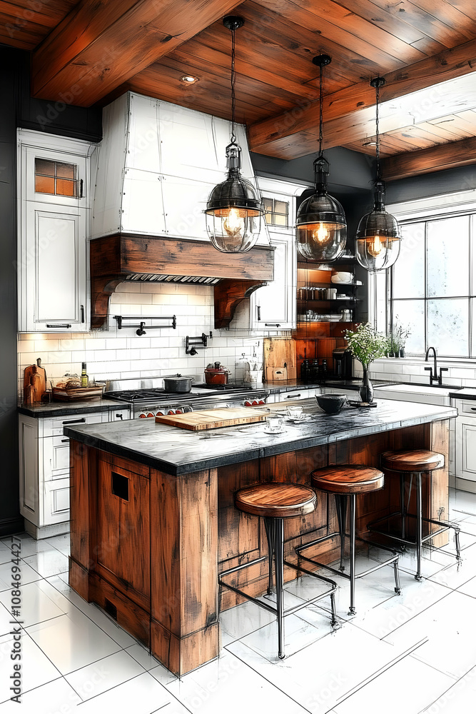 Kitchen Island with Wooden Countertop and Stools - Illustration Kitchen Island with Wooden Countertop and Stools - Illustration