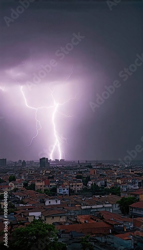 Lightning Storm Over City Skyline – Massive Bolt Illuminating Night Sky During Thunderstorm photo