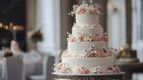 A multi-tiered wedding cake with delicate decorations photo