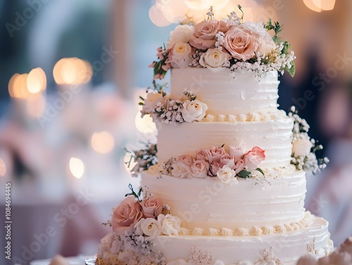 A multi-tiered wedding cake with delicate decorations photo