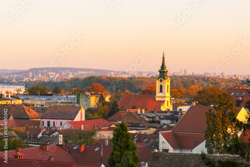 Medieval Austro-Hungarian district Zemun in Belgrade - Aerial drone shot, Serbia, European city photo