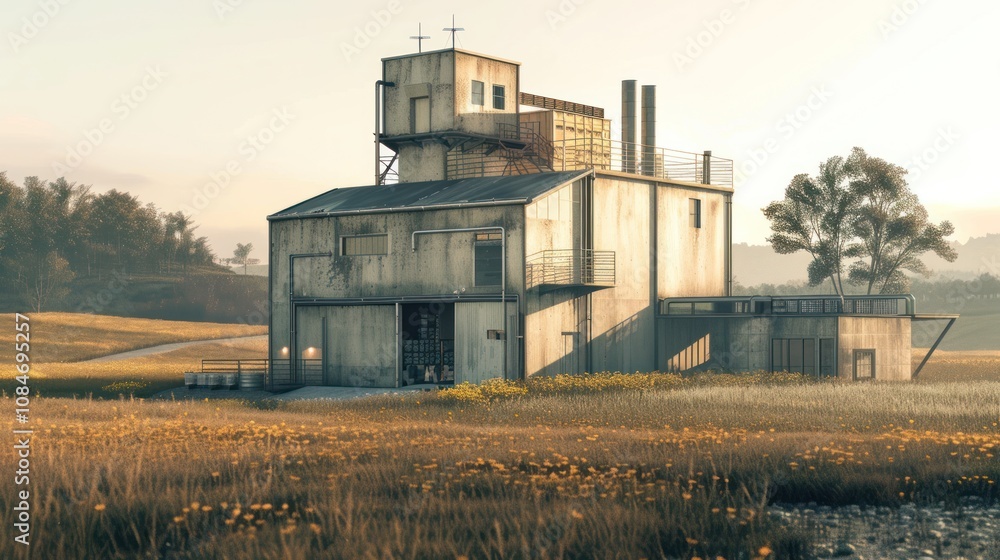 An abandoned warehouse stands alone in the middle of lush green rice fields, its weathered walls and rusted roof contrasting with the vibrant, serene landscape surrounding it. An abandoned warehouse stands alone in the middle of lush green rice fields, its weathered walls and rusted roof contrasting with the vibrant, serene landscape surrounding it.