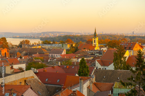 Wallpaper Mural Zemun district in Belgrade, view of Danube - Aerial drone shot, Serbia, European city Torontodigital.ca