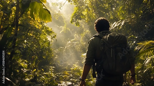 Man Exploring a Forest with a Backpack