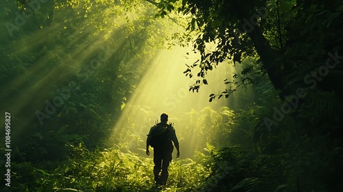 Man Exploring a Forest with a Backpack