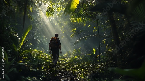 Man Exploring a Forest with a Backpack