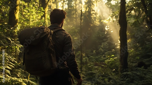 Man Exploring a Forest with a Backpack