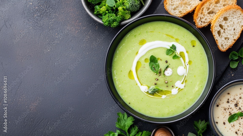 Fresh Green Vegetable Soup Served with Olive Oil and Cream, Accompanied by Bread, Surrounded by Broccoli and Herbs on a Dark Background Fresh Green Vegetable Soup Served with Olive Oil and Cream, Accompanied by Bread, Surrounded by Broccoli and Herbs on a Dark Background