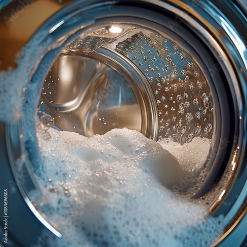 Retro-style laundromat washing machine in an old-fashioned wooden interior setting