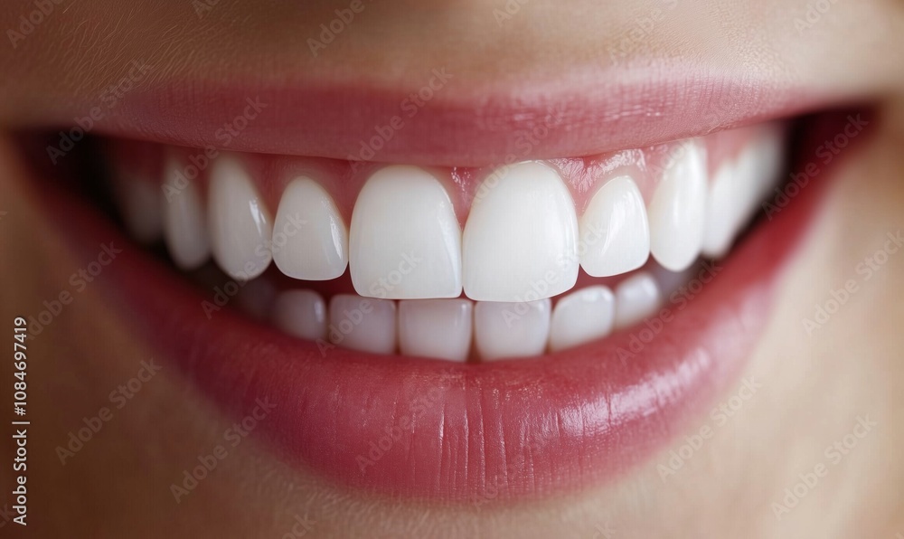 Bright white smile, healthy teeth, perfect alignment, close-up view, showcasing dental aesthetics, vibrant lips, oral hygiene importance Bright white smile, healthy teeth, perfect alignment, close-up view, showcasing dental aesthetics, vibrant lips, oral hygiene importance