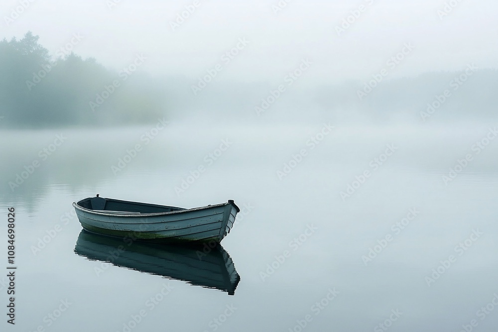 Naklejka premium Serene Misty Morning on the Water with a Lone Boat