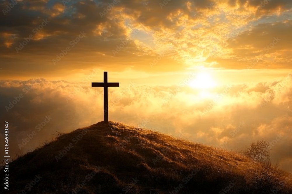 Sunrise Cross on Hill Silhouette at Peaceful Cloudy Horizon Sunrise Cross on Hill Silhouette at Peaceful Cloudy Horizon