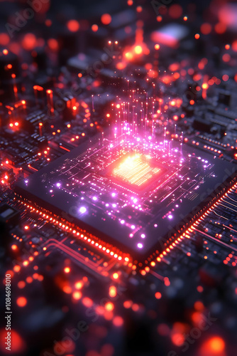 3D Illustration of a Glowing Processor on a Motherboard