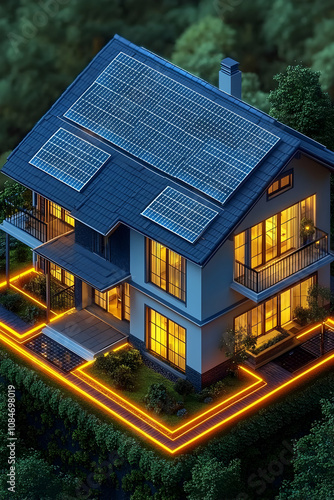 Solar Panel House 3D Illustration