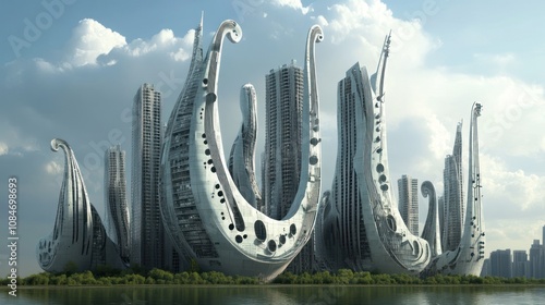 Visualize a city skyline where the buildings are shaped like musical notes and instruments.