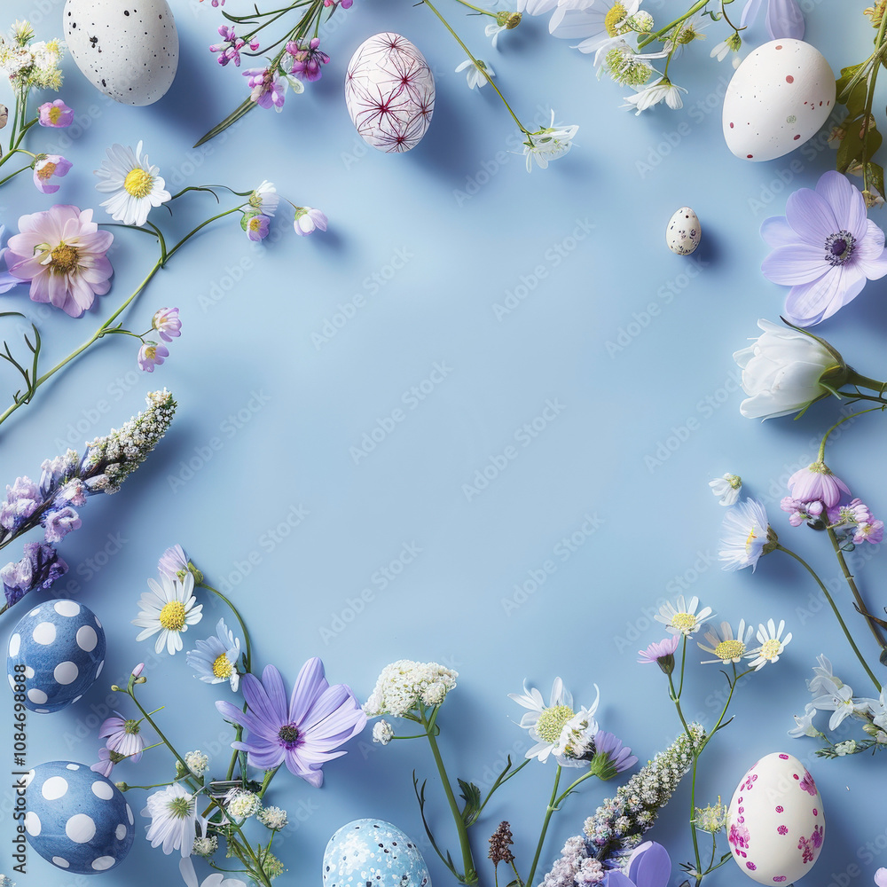 Happy Easter. Frame composition spring flowers Easter eggs. Easter background copy space. Flat lay Happy Easter. Frame composition spring flowers Easter eggs. Easter background copy space. Flat lay