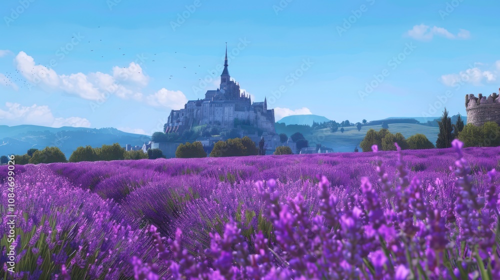 A vast lavender field stretches endlessly, with vibrant purple blooms swaying in the breeze. In the center, a stone pathway winds through, adding a serene, rustic charm to the scene. A vast lavender field stretches endlessly, with vibrant purple blooms swaying in the breeze. In the center, a stone pathway winds through, adding a serene, rustic charm to the scene.