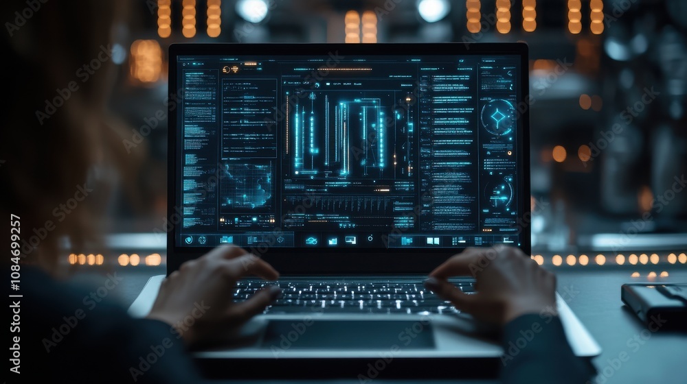 Naklejka premium person working on computer laptop automation industrial business process workflow optimisation concept on virtual digital screen automation software technology process system business concept