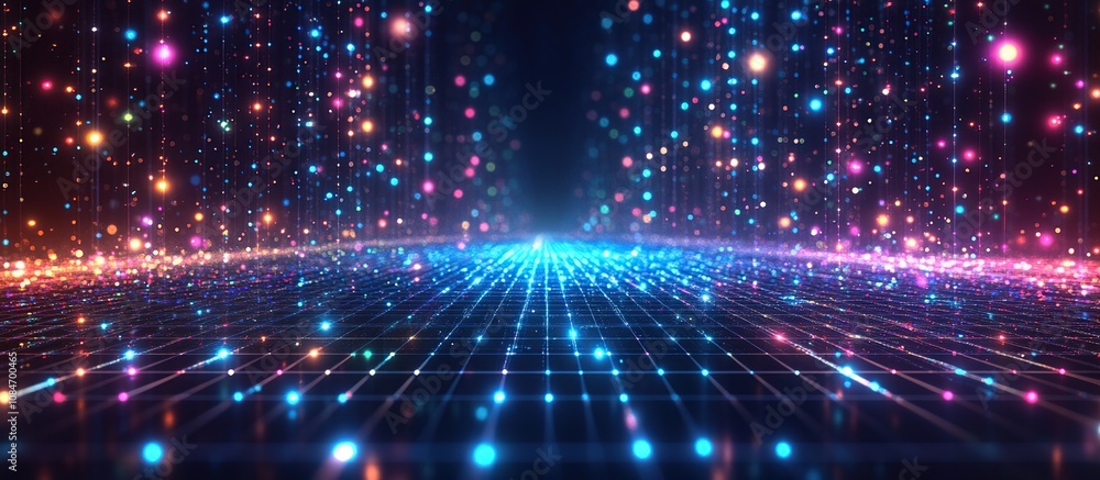 Fototapeta premium A vibrant digital landscape filled with colorful lights and a grid pattern, suggesting a futuristic theme.