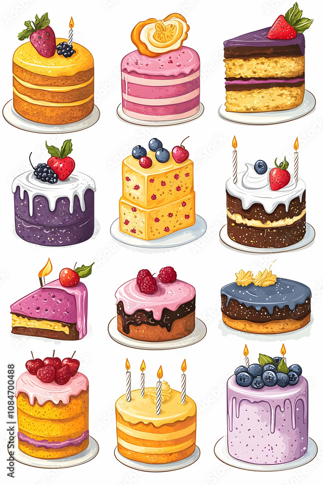 Birthday Cake Illustration: 12 Assorted Cakes with Berries, Chocolate and Lemon Birthday Cake Illustration: 12 Assorted Cakes with Berries, Chocolate and Lemon