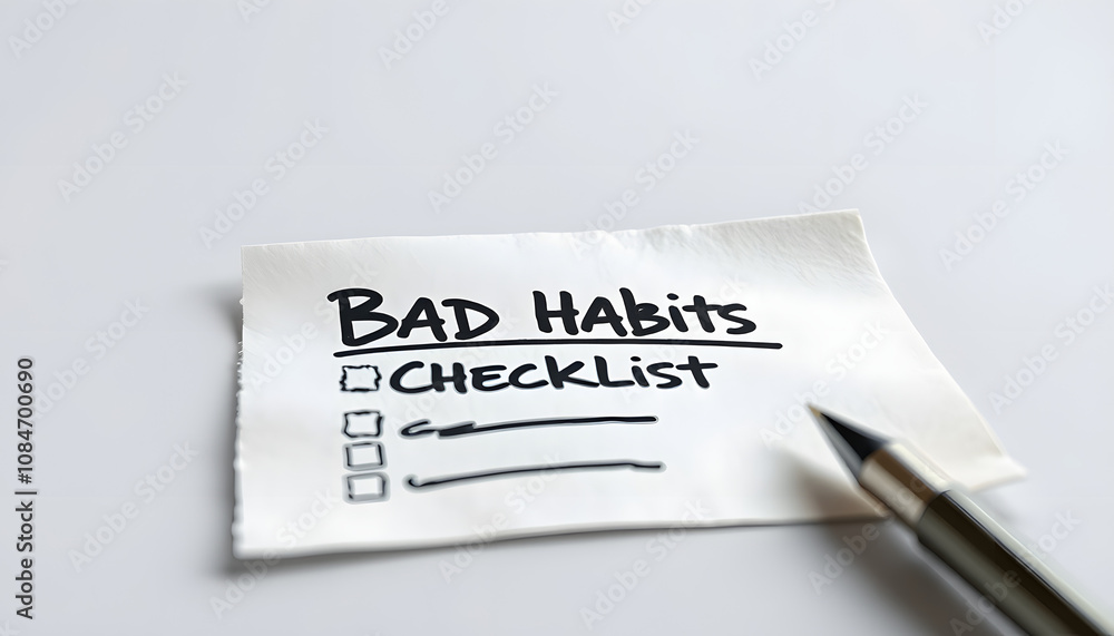 Vertical shot of a bad habits checklist written on a paper isolated with white highlights, png Vertical shot of a bad habits checklist written on a paper isolated with white highlights, png