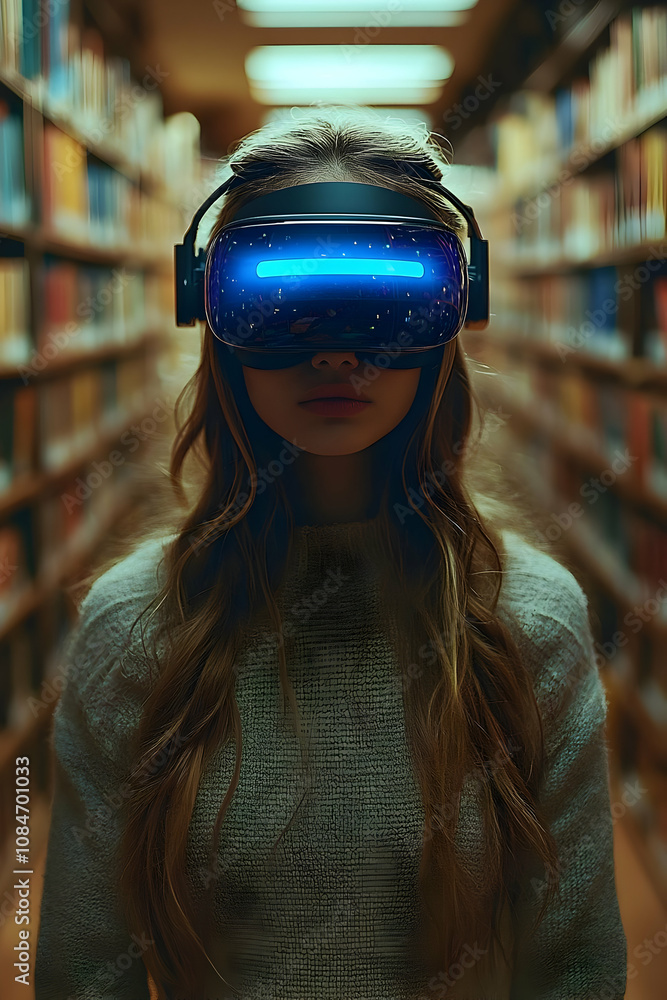 Woman in Virtual Reality Headset in a Library Woman in Virtual Reality Headset in a Library