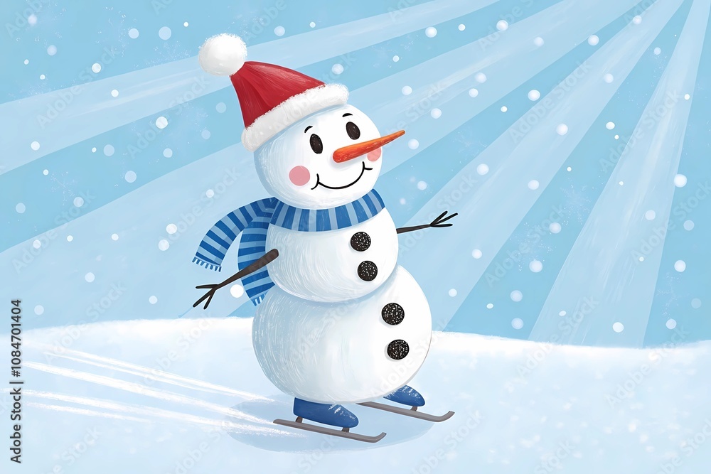 Fototapeta premium Cheerful Cartoon Snowman in a Red Hat and Scarf, Gliding on Ice Skates Amidst Falling Snow and Twinkling Lights