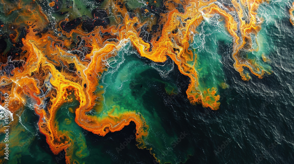 Fototapeta premium Aerial view oil spill in ocean, highlighting spread of oil impact on coastline. Industrial waste
