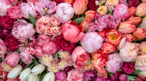 Colorful spring flower arrangement with tulips, peonies and roses for floral design, weddings, seasonal decor inspiration