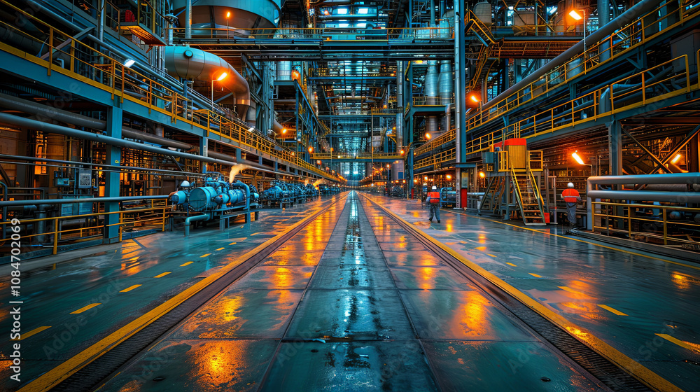 Obraz premium Low angle close up shot of complex pipeline networks of an oil refinery, taken soft morning light