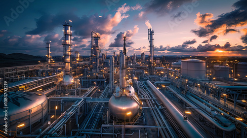 Industrial refinery with numerous chimneys bright lights night, emitting smoke during picturesque