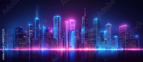 A vibrant, neon-lit city skyline reflecting on water at night, showcasing modern architecture.