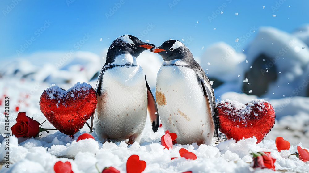 Penguin couple with Valentines Day decorations, including heart shaped balloons and red roses Penguin couple with Valentines Day decorations, including heart shaped balloons and red roses