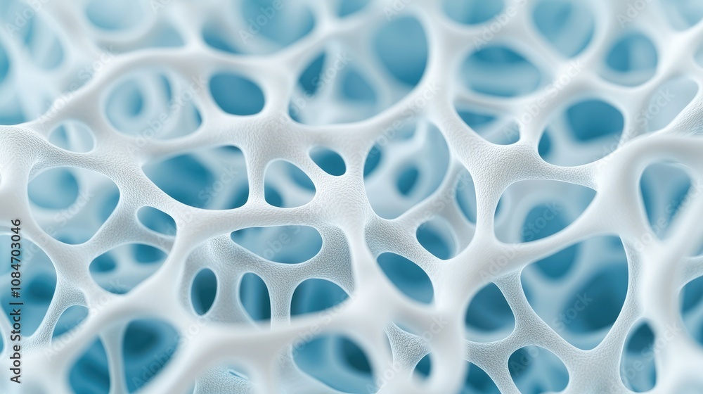 A close-up view of intricate, white, porous textures resembling cellular structures or natural foam against a soft blue background. A close-up view of intricate, white, porous textures resembling cellular structures or natural foam against a soft blue background.