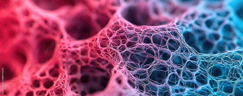 An abstract close-up view of a colorful, bubble-like structure with intricate patterns, blending shades of pink and blue. An abstract close-up view of a colorful, bubble-like structure with intricate patterns, blending shades of pink and blue.