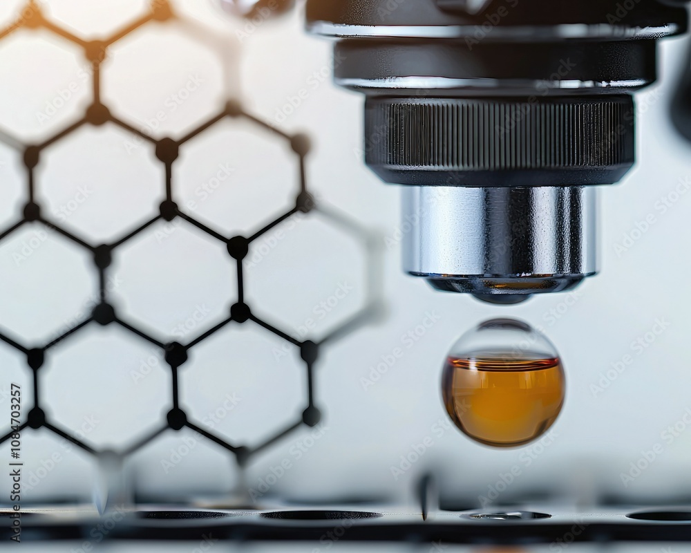 A microscope's lens focuses on a droplet above a hexagonal structure, showcasing intricate details of microscopy and material science. A microscope's lens focuses on a droplet above a hexagonal structure, showcasing intricate details of microscopy and material science.