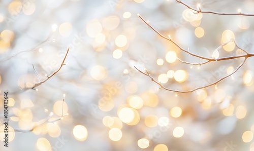 Glowing branches with snow and bokeh lights, delicate twigs adorned with soft white snow, warm golden bokeh background creating a dreamy atmosphere.