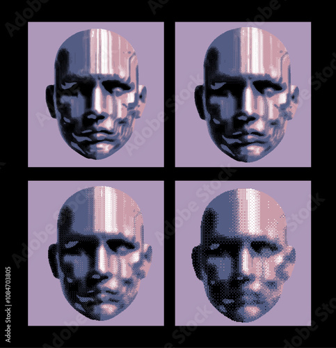 Vector illustration featuring a digitally fragmented human face. Each panel highlights glitch effects, symbolizing technology, identity, and digital evolution.