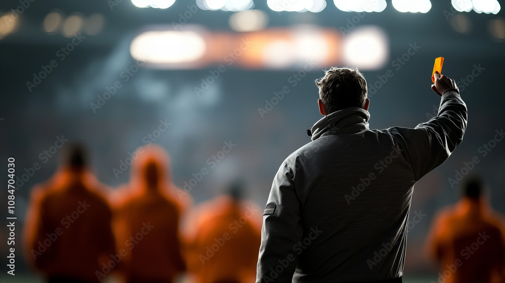 Coach signals with a yellow card during a tense match at a stadium under bright lights at night Coach signals with a yellow card during a tense match at a stadium under bright lights at night
