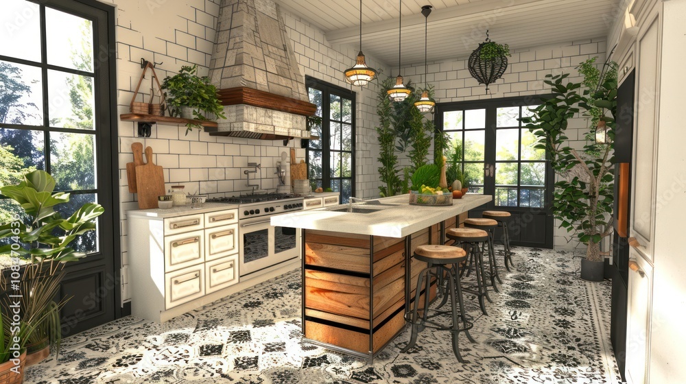 Modern kitchen with white cabinets, a wooden island, and a black and white patterned tile floor. There are plants throughout the kitchen, and the windows look out onto a green backyard. Modern kitchen with white cabinets, a wooden island, and a black and white patterned tile floor. There are plants throughout the kitchen, and the windows look out onto a green backyard.